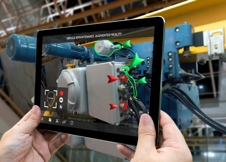 Industrial,4.0,,,Augmented,Reality,Concept.,Hand,Holding,Tablet,With